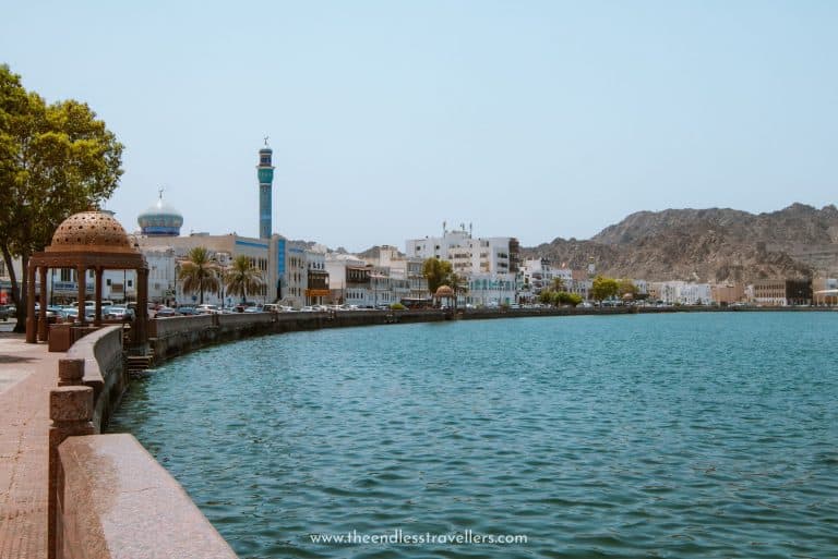Serene waterfront view along the Mutrah Corniche in Muscat, featuring traditional architecture, a blue-tiled mosque, and a peaceful sea wall lined with trees.